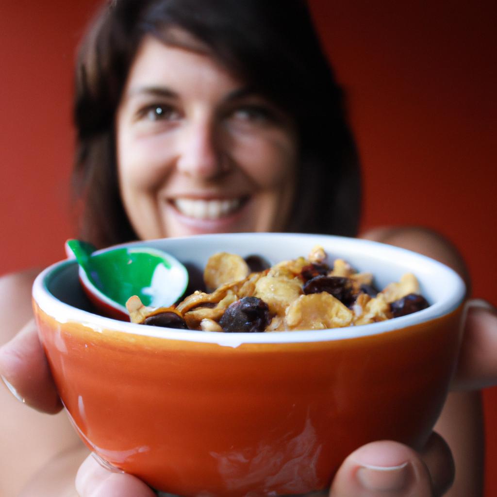 Person holding cereal bowl, smiling